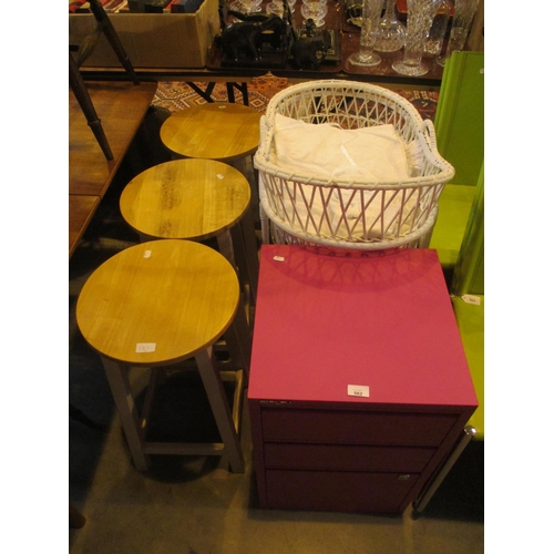 562 - Bisley Filing Cabinet, Moses Basket and 3 Stools