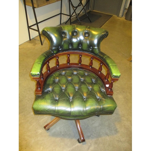 589 - Chesterfield Style Deep Buttoned Green Leather Captains Desk Chair