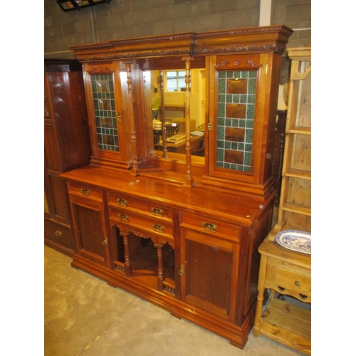 Victorian Walnut Sideboard having a Mirror Back Flanked by Stained and Leaded Glass Cabinets, 181cm
