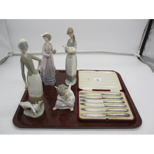108 - Four Lladro Figures and a Case of Silver Handle Tea Knives