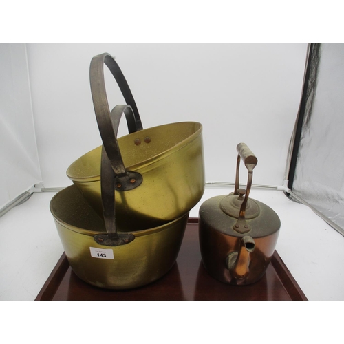 143 - Two Brass Jam Pans and Copper Kettle