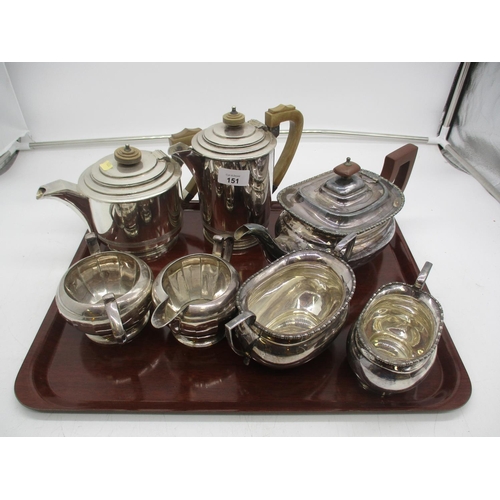 151 - Walker & Hall Silver Plated Teapot and Hot Water Jug, 3 Piece Service, Sugar and Cream