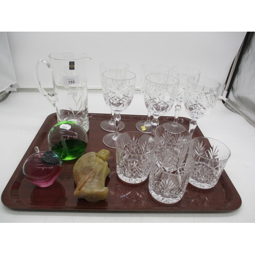 155 - Set of 6 Crystal Wine Glasses, 4 Whisky Tumblers, Gleneagles Jug, 2 Paperweights and Chinese Figure