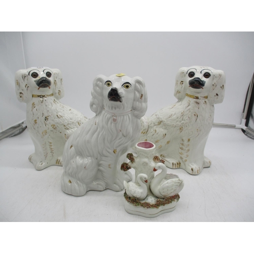 159 - Three Victorian Staffordshire Pottery Wally Dogs and Swan Spill Vase