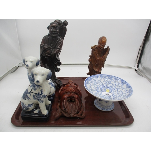 162 - Two Chinese Carved Wood Figures and Mask, Porcelain Comport and 2 Dogs