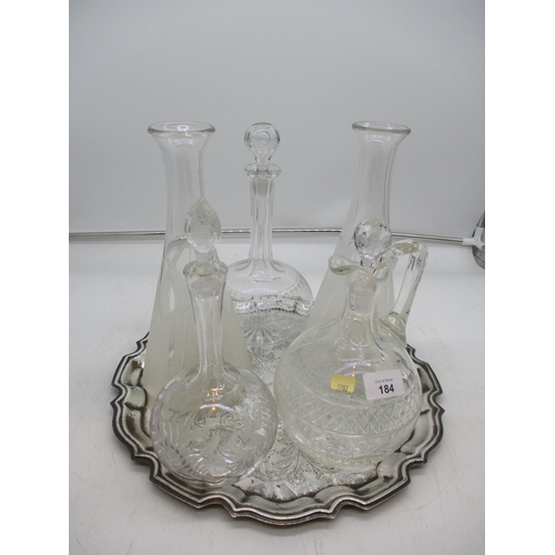 184 - Two Edwardian Shaft and Globe Decanters, Wine Jug, 2 Carafes and a Tray