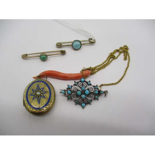 404 - Coral Twig Pendant and Chain, 3 Turquoise Bar Brooches and a Victorian Blue Enamel and Single Pearl ... 