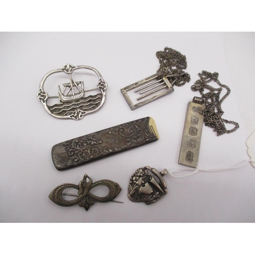 408 - Two Silver Pendants and Chains, Silver Viking Longboat Brooch, Knot Brooch, Medal and Small Comb