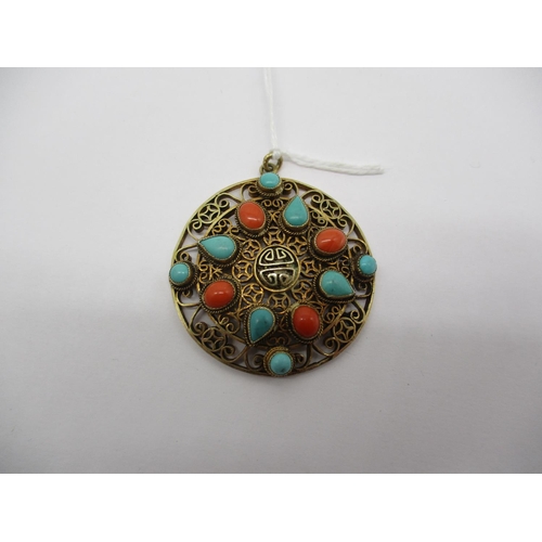 424 - Eastern Yellow Metal Ornate Pendant Set with Turquoise and Coral, 11.9g