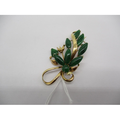 435 - 14K Gold and Jade Floral Brooch, 8.3g