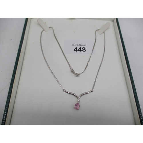 448 - 9ct White Gold Necklace with Pink Stone Pendant, 2.1g