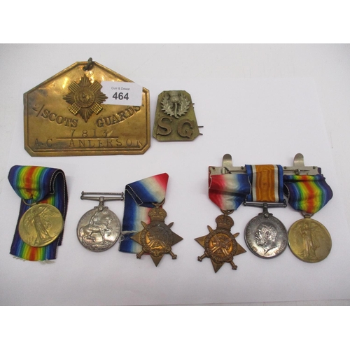 464 - Two Sets of 3 WWI Medals to 7813 Pte AC Anderson S.GDS. and 7851 Pte HS Anderson S.GDS., Brass Plaqu... 