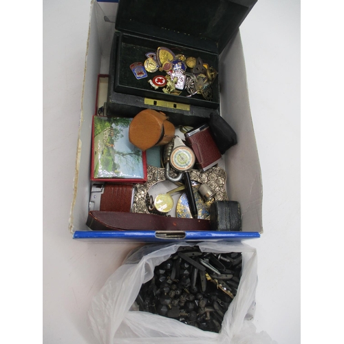 477 - Box with Mixed Items, Jet Beads, Mesh Purse, Needle and Scissor Case, Compacts, Box of Badges etc