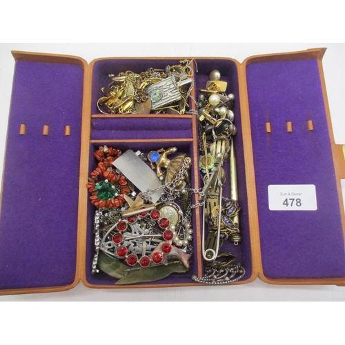 478 - Small Brown Leather Jewel Box with Mixed Jewellery