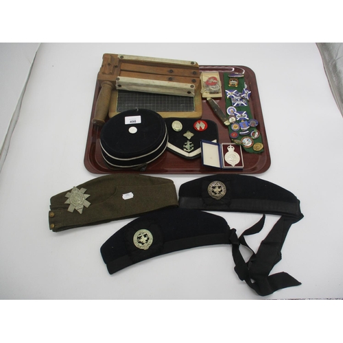 498 - Two Boys Brigade Caps and Various Badges including The Queens Badge, Pocket Knife, Football Rattle, ... 