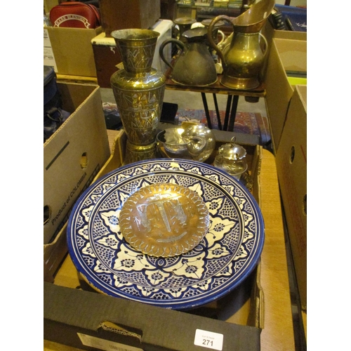 271 - Mixed Metals Vase and Plaque, Pottery Dish, Silver Plated Spoon Warmer and a Jam Pot