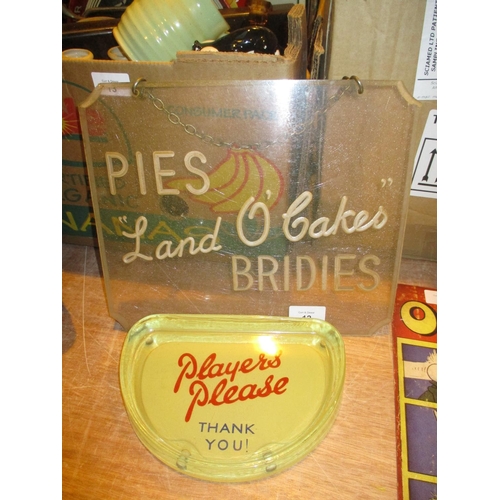 12 - Land O Cakes Pies and Bridies Perspex Sign and a Players Ash Dish