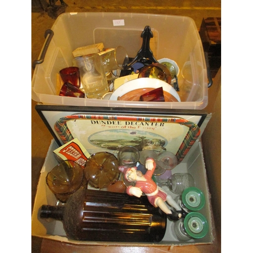 155 - Two Boxes with Stewarts Whisky Tray, Glasswares etc