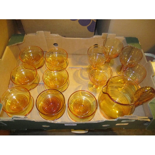 158 - Stuart Amber Glass Water Jug and 5 Goblets and 7 Sundae Dishes