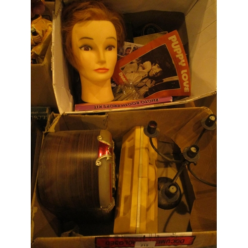 215 - Two Boxes with Music Maker, IMA Cassette Radio, Model Head, Ephemera etc