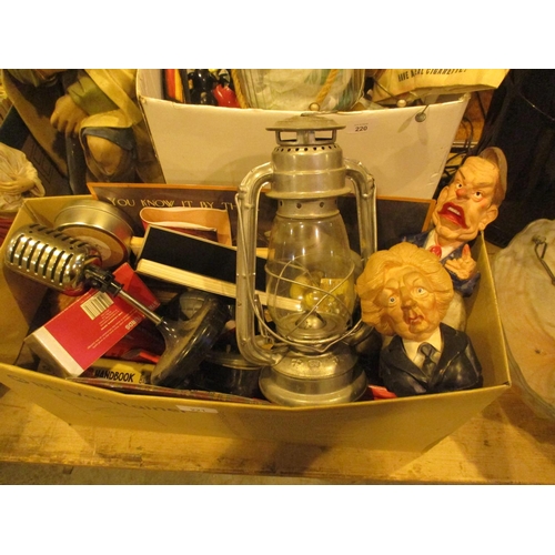 221 - Box with Storm Lamp, Spitting Image Figures etc