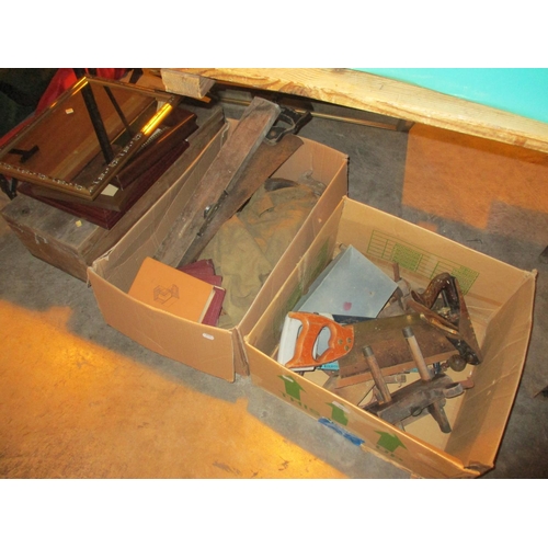 90 - Three Boxes of Vintage Tools, Pictures and Mirror