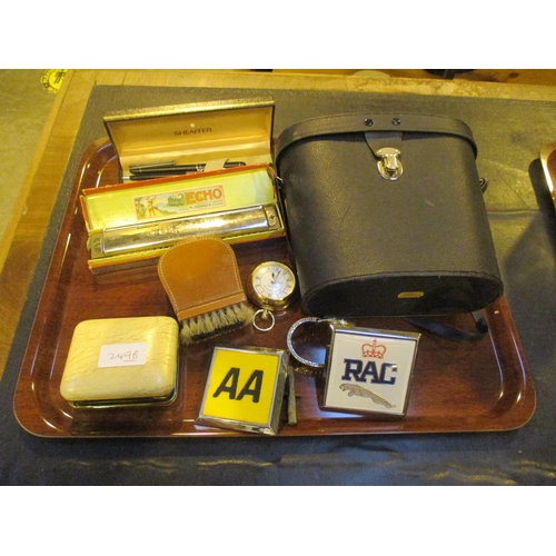 249B - Two Car Badges, Binoculars, Mouth Organ, Pens, Clocks, Gents Watch etc