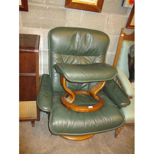 662 - Ekornes Green Leather Chair and Stool