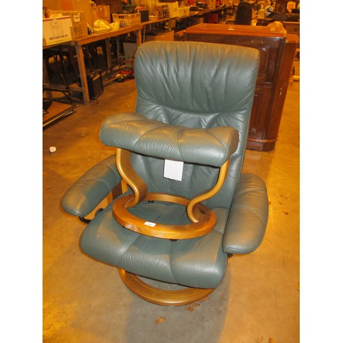 698 - Ekornes Green Leather Chair and Stool