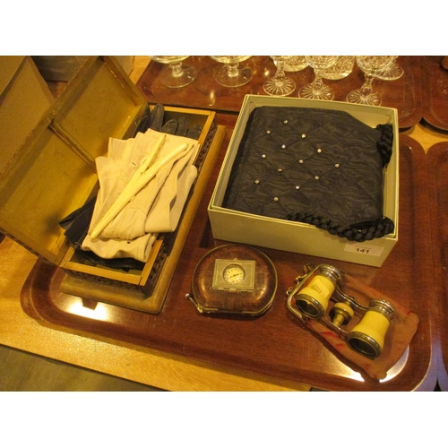 141 - Eastern Carved Wood Glove Box with Gloves and Stretchers, Lancia Evening Bag, Opera Glasses and Trav... 