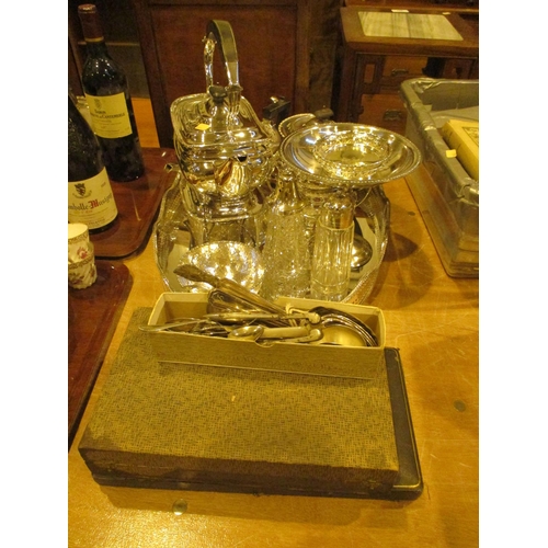 147 - Silver Plated Gallery Tray, 3 Piece Tea Set, Spirit Kettle etc