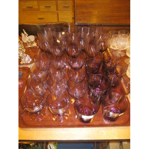 160 - Suite of 40 Amethyst Spiral Moulded Glass Goblets and Tumblers