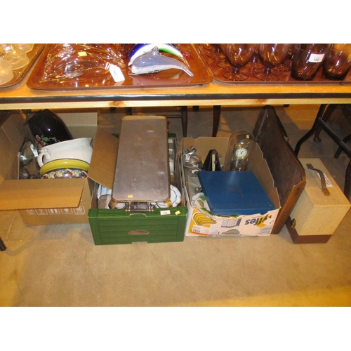 164 - Projector, Bed Tray, Plate Warmer and 3 Boxes of China, Glass, Clock, Light Fittings etc