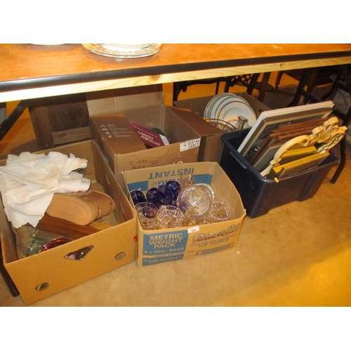 165 - Five Boxes of Pictures, Mirror, China, Glass, Linen, Binoculars etc