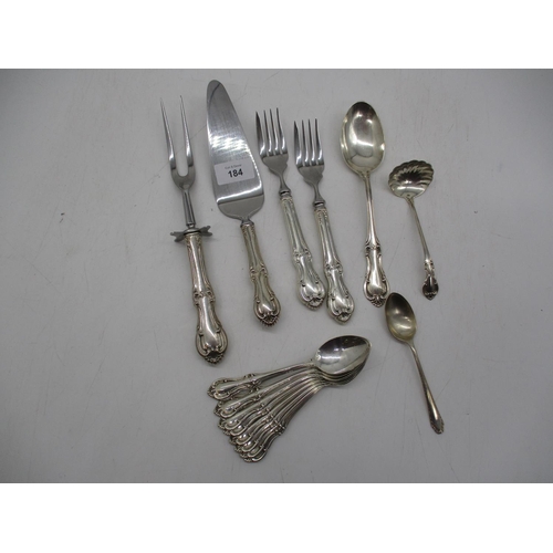 184 - Twelve Sterling Silver Spoons, Silver Handle Carving Fork, Cake Slice and 2 Serving Forks