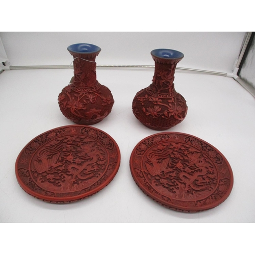 186 - Pair of Cinnabar Lacquer Vases and Plaques