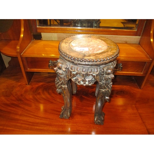 210 - Chinese Carved Hard Wood and Marble Top Vase Stand, 32cm high