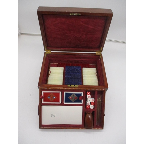 253 - Mahogany Games Box with Playing Cards, Dice, Tokens etc