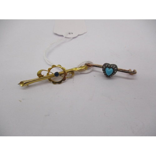 276 - 9ct Gold and Blue Stone Brooch and a Turquoise and Diamond Brooch, 3.7g total