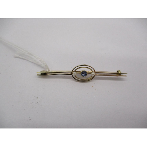 303 - Gold Bar Brooch Set with Small Sapphire and Seed Pearls, 2.5g