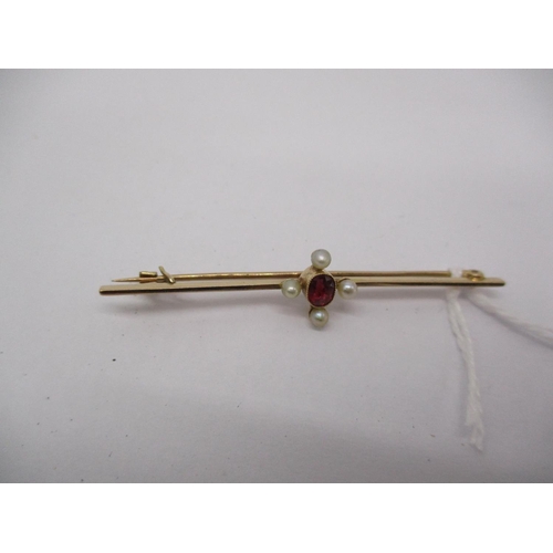 304 - Gold Bar Brooch Set with Small Ruby and Seed Pearls, 2.3g