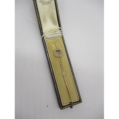 311 - Gold Stick Pin with Open Circle Top Set with Small Diamonds, in a Fitted Case, 1.3g