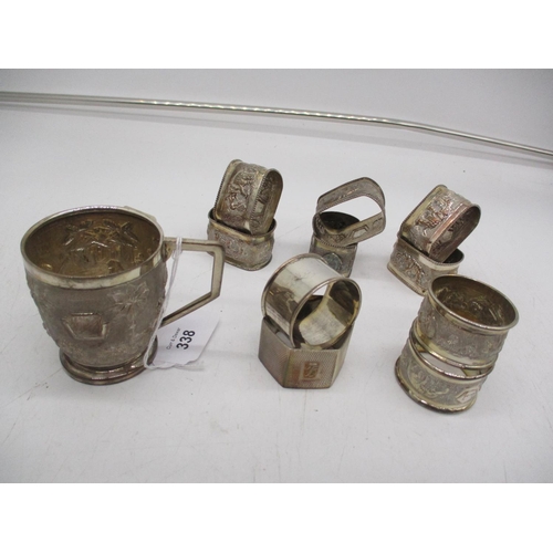 338 - Eastern Sterling Silver Christening Mug, Set of 6 Napkin Rings and 4 Others