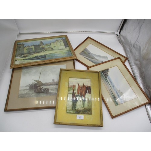 351 - A. Sim Watercolour of The Harbour Wick, 2 Watercolours and 3 Prints by Marc and Dudley Hardy