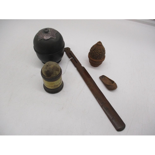 354 - Treen String Box, Pin Cushion, Miniature Shoe, Letter Knife and a Carved Nut