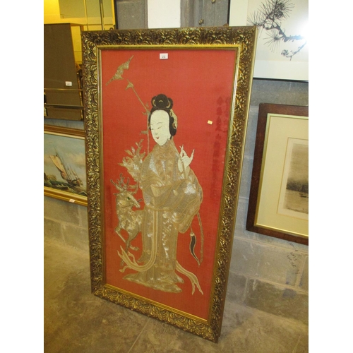 416 - Chinese Silk Needlework Picture of a Woman and Deer, 130x64cm