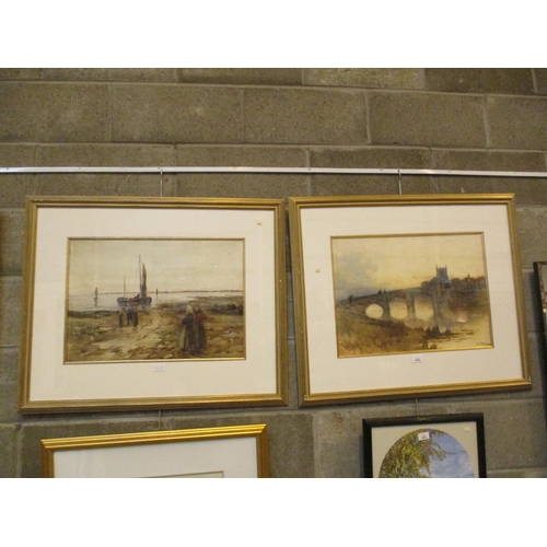 419 - John Terris, Pair of Watercolours, Dutch Fishing Scene and a Bridge Over a River, 38x52cm