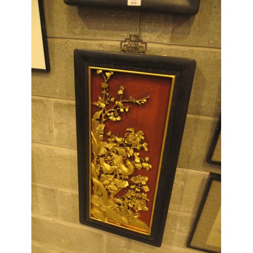 413 - Pair of Chinese Carved Wood and Gilded Panels, 82x40cm