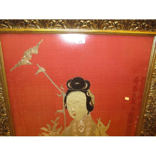 416 - Chinese Silk Needlework Picture of a Woman and Deer, 130x64cm