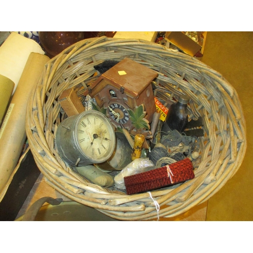 1 - Basket with Cuckoo Clock, Vintage Clock, Hip Flask etc